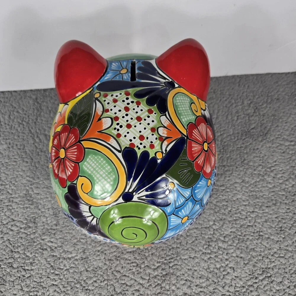 Talavera Piggy Bank Mexican Pottery Art Hand Painted 9.5 x 7.5 X 8 In